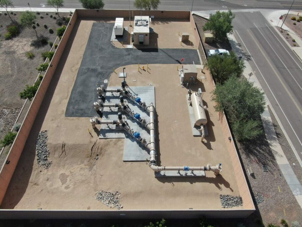 An aerial view of a water treatment facility.