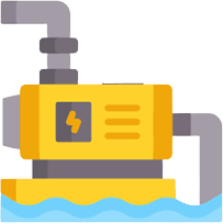 A yellow water pump icon on a black background from MGC Services.