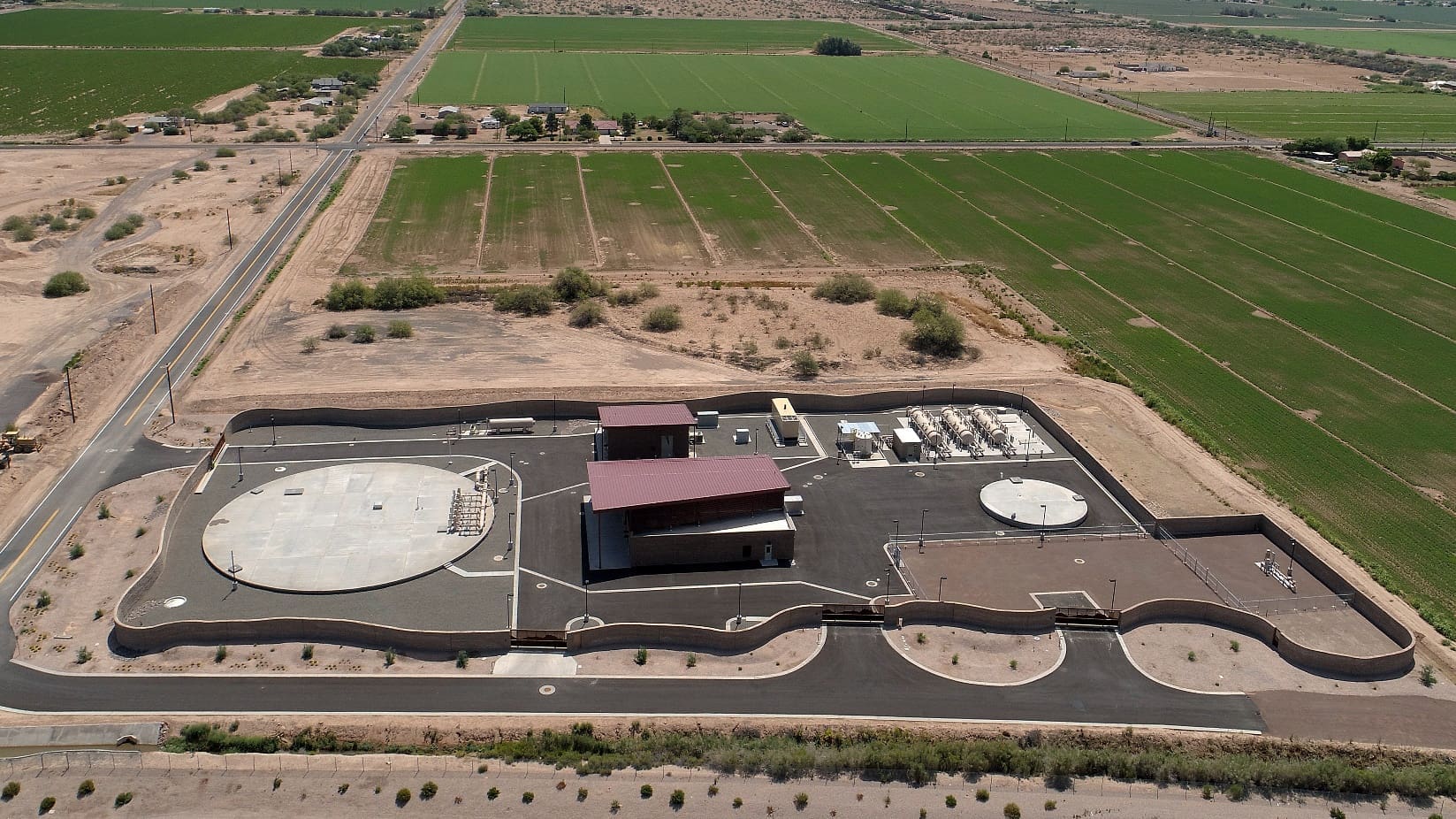 An aerial view of a water treatment plant.