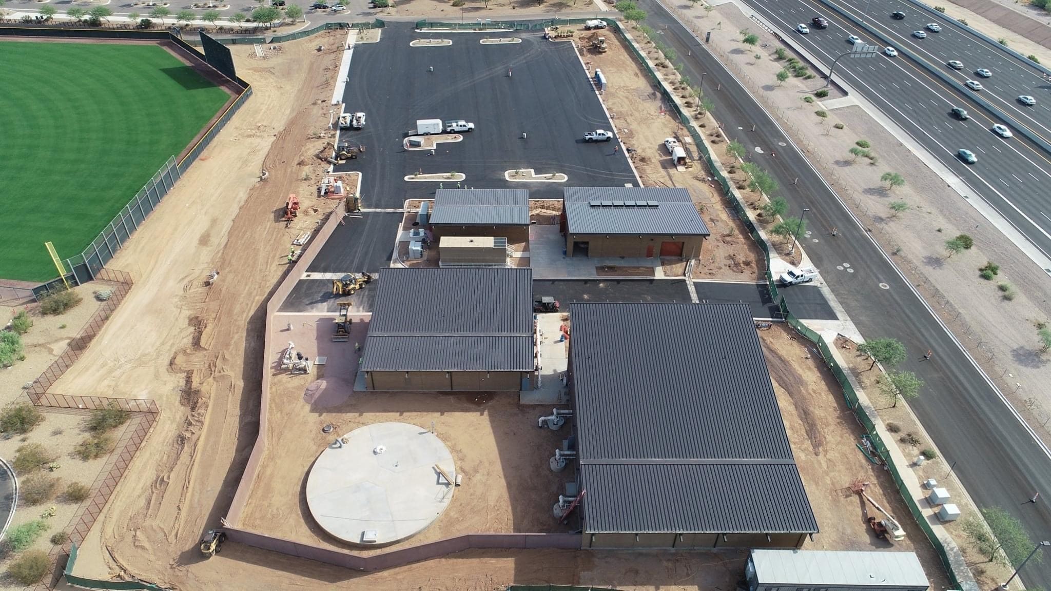 An aerial view of a baseball field under construction.