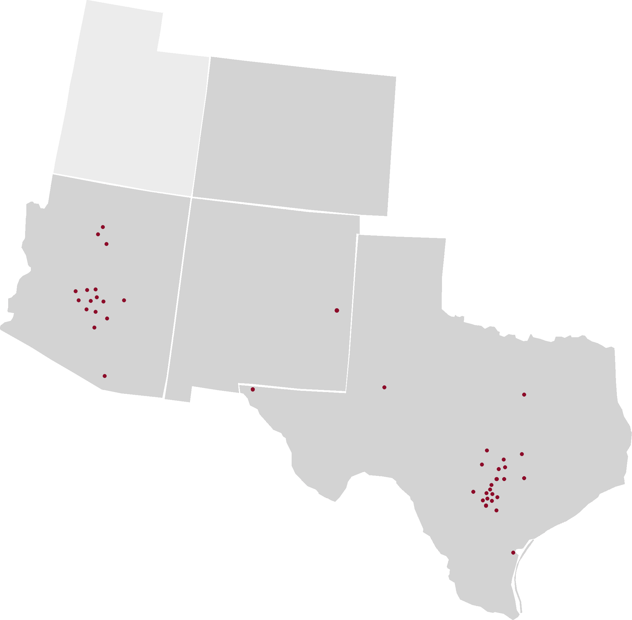 A map of Texas with red dots. Contact MGC for more information.